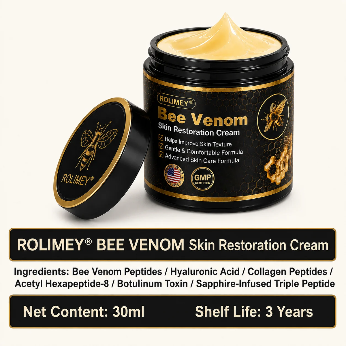 💎Official Brand Black & Gold Upgraded Edition丨Rolimey® Bee venom Pro Comprehensive Cream —Tightening for Skin Types