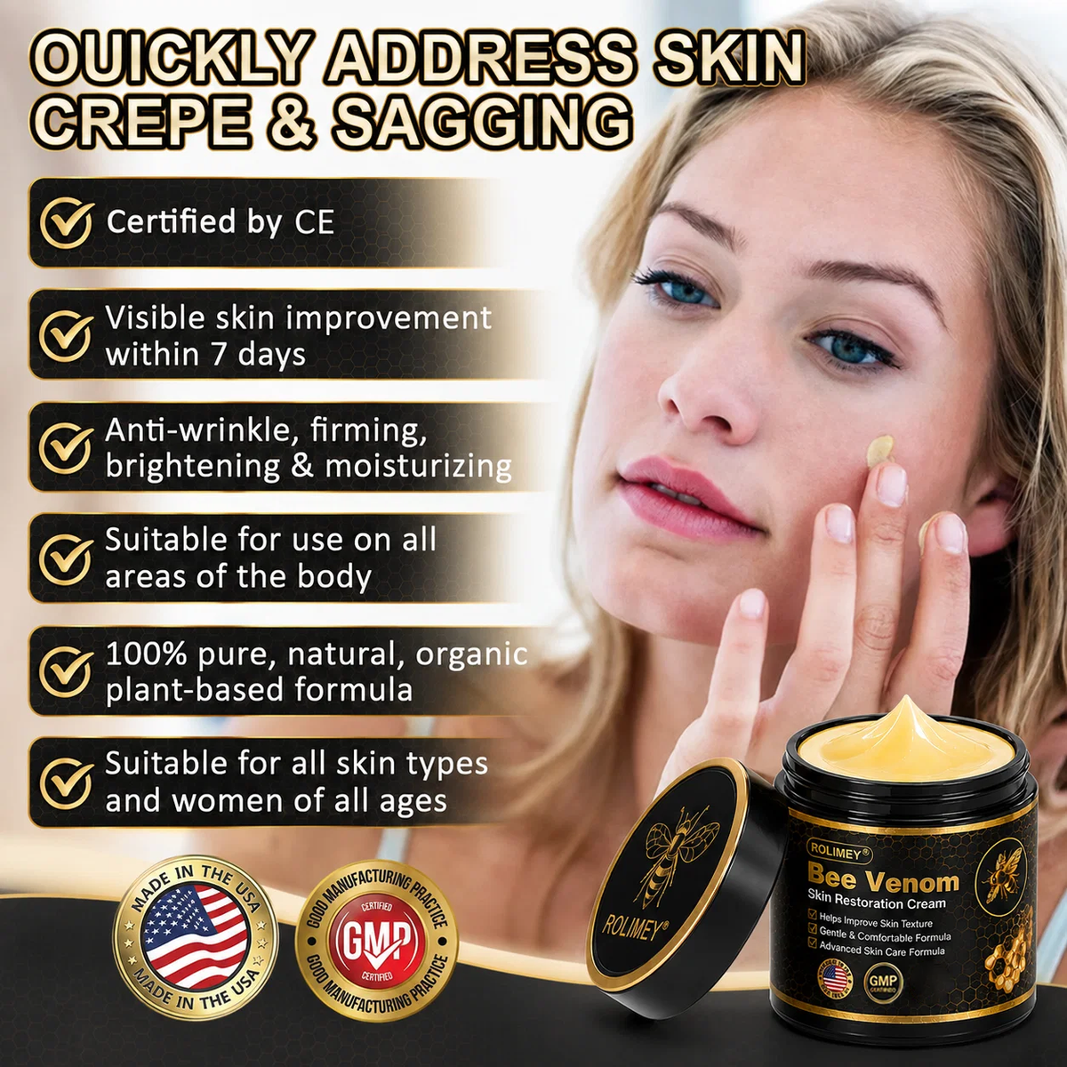 💎Official Brand Black & Gold Upgraded Edition丨Rolimey® Bee venom Pro Comprehensive Cream —Tightening for Skin Types